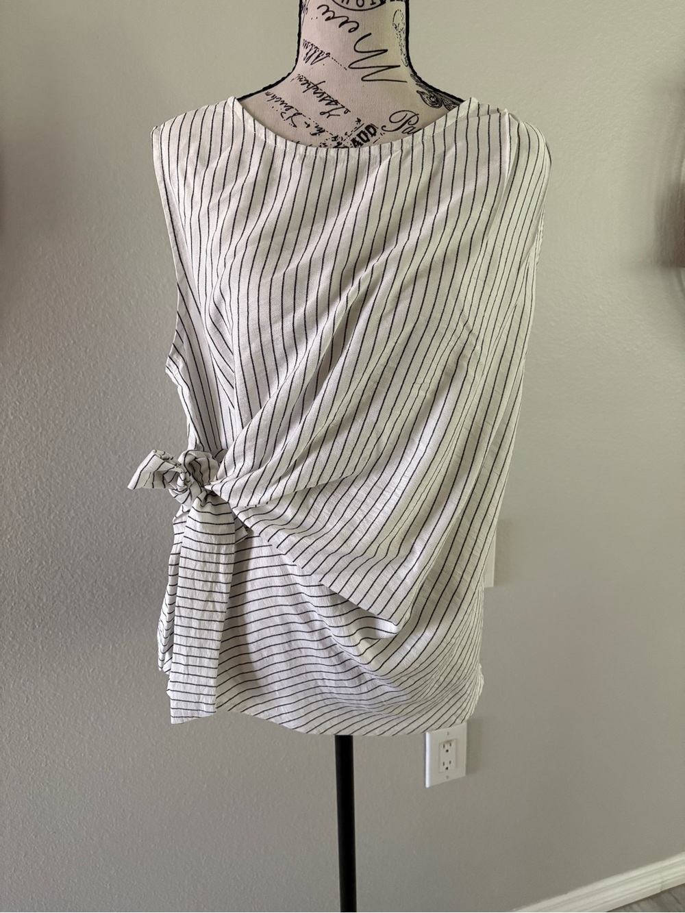 Moda White Tank Top with Black Pinstripes and Side Tie